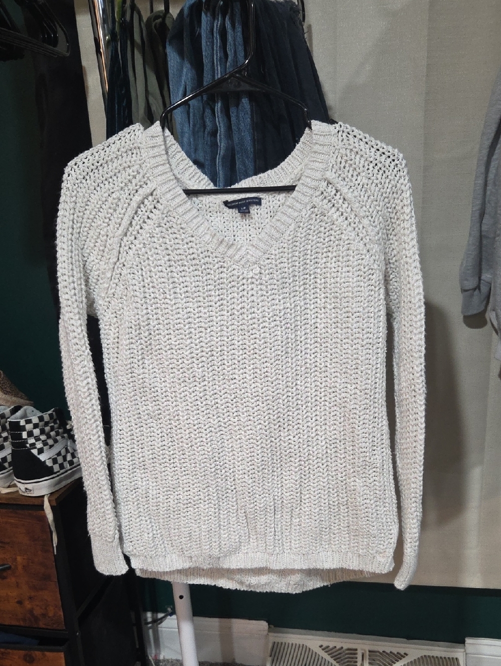 American Eagle Women's Cream And Gold Sweater